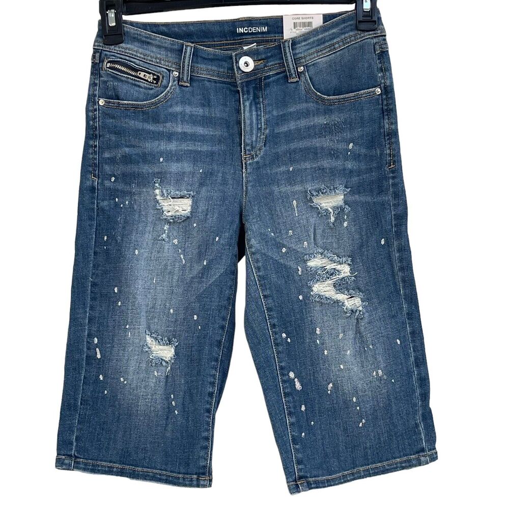 INC SZ 2/26 Jean Capris Distressed Stretch Pockets Silver Splatters Novel Wash